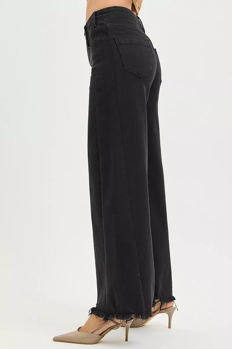 Black high-rise palazzo jeans with back yoke seam and frayed ankle hem