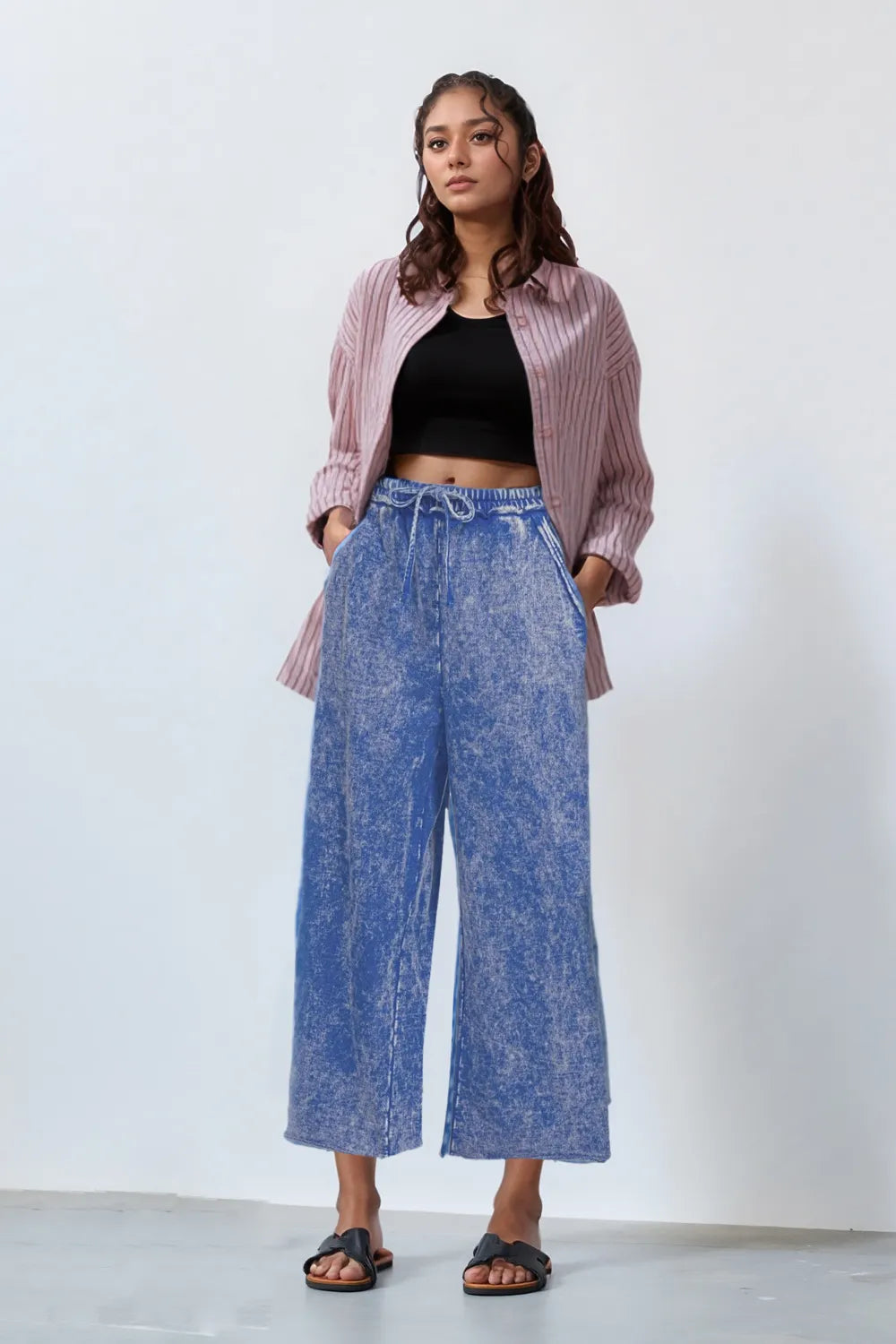 Washed French Terry Palazzo Pants – Relaxed Fit with Pockets