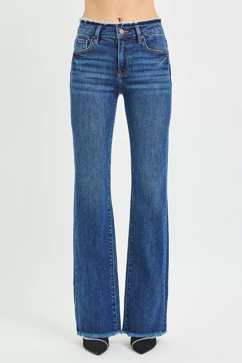 Women's mid-rise bootcut jeans in dark blue with classic five-pocket design