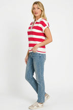 Red and white striped polo knit pullover with ribbed collar and side profile