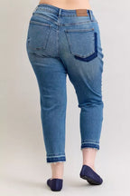 Judy Blue Mid Rise Boyfriend Patch & Repair Jeans – Edgy Denim Style