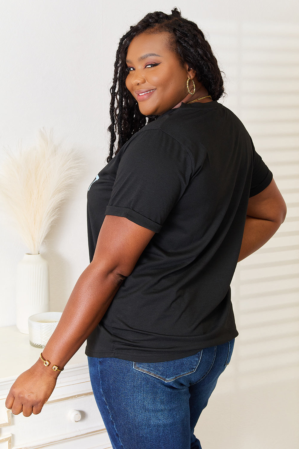 Slogan Graphic Cuffed Sleeve T-Shirt Trendy & Expressive Style