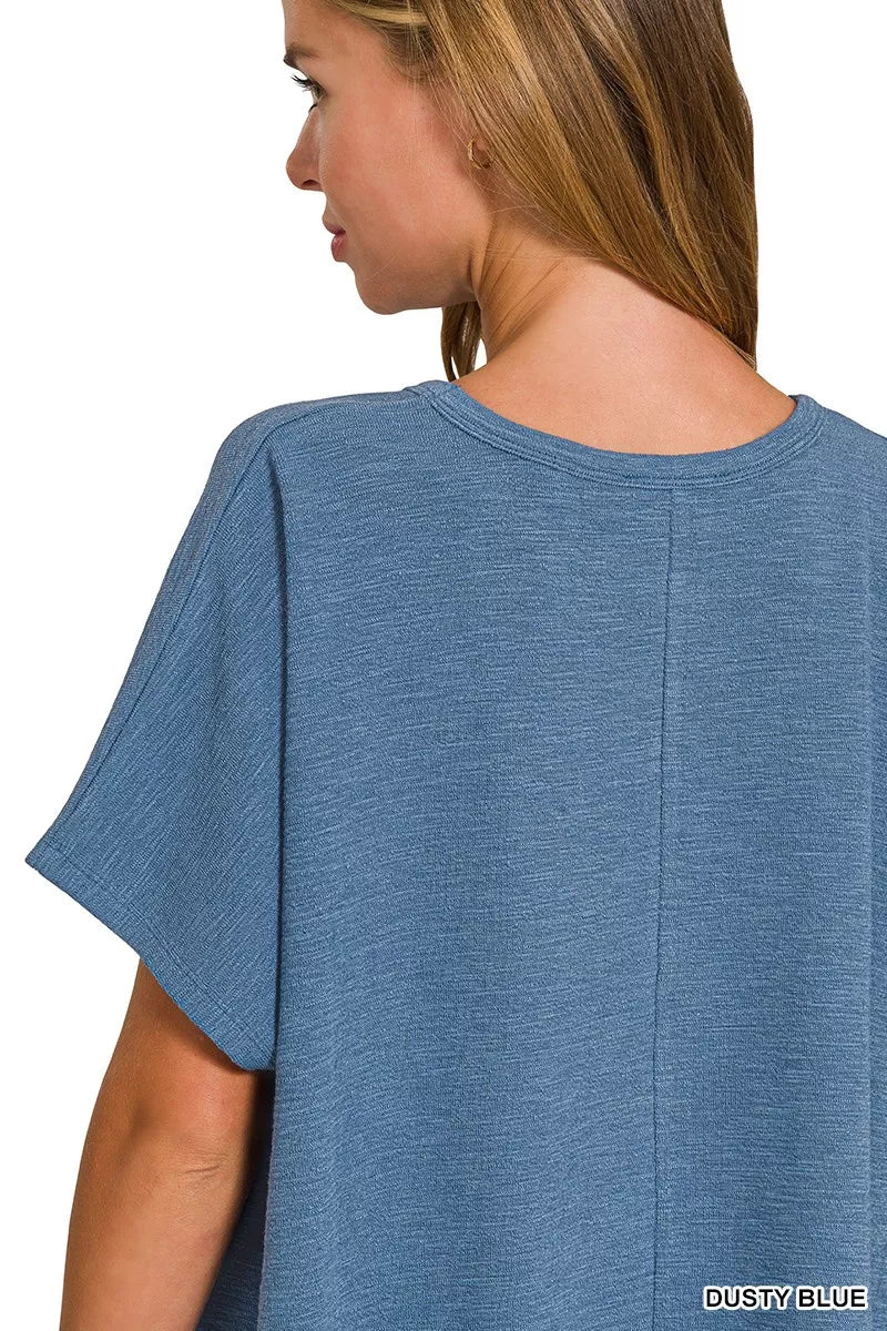 Women's dust blue oversized cotton slub tee back view, round neck, short sleeves