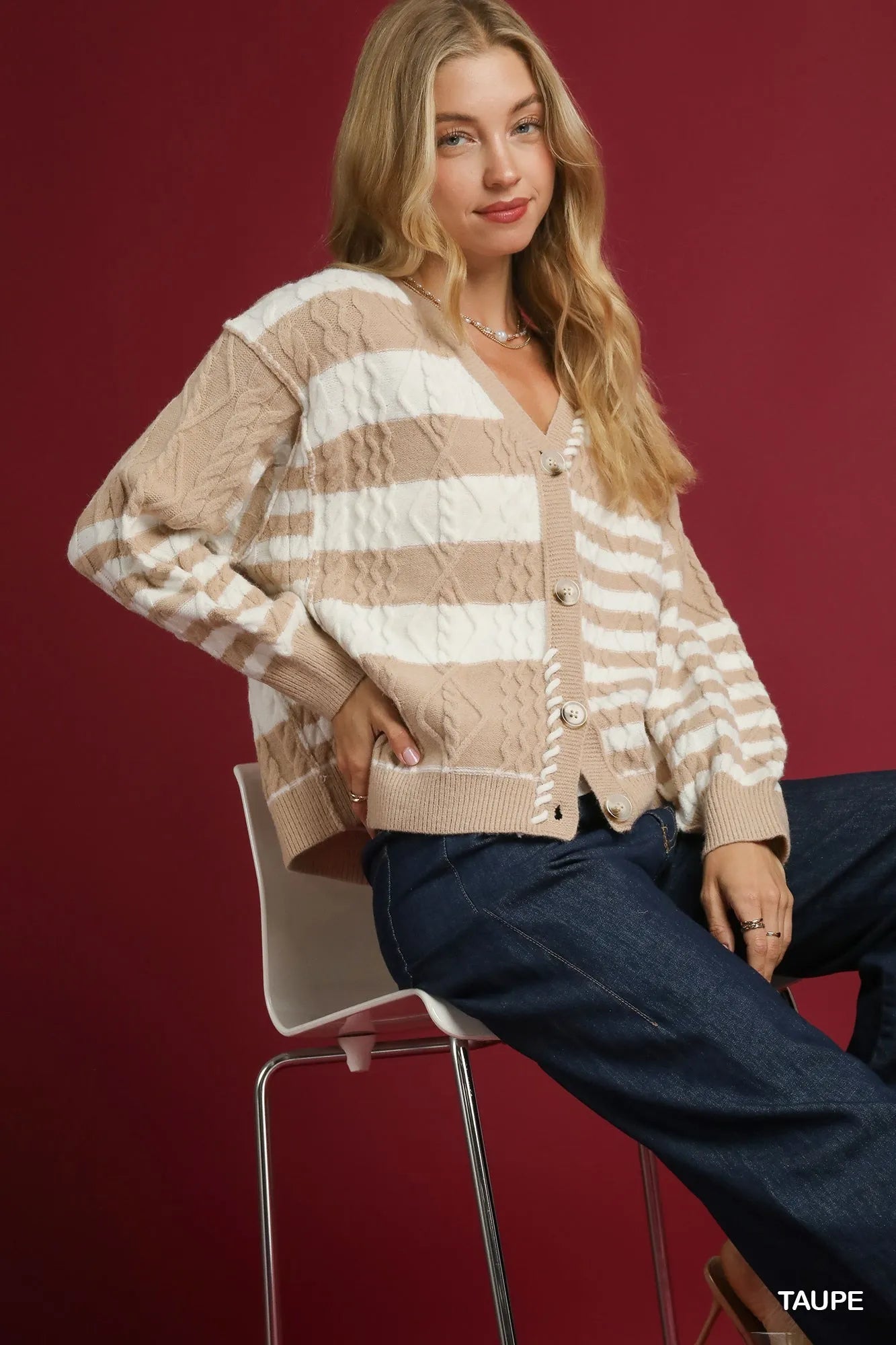 Cable-Knit Stripe Button-Up Cardigan – Cozy & Chic Layering Piece