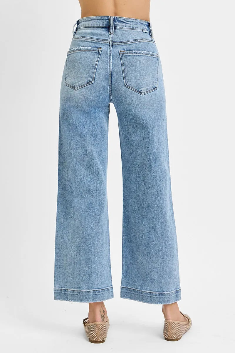 Dreamkue-Risen Women's High Rise Crop Wide Leg Jeans Stretch Denim