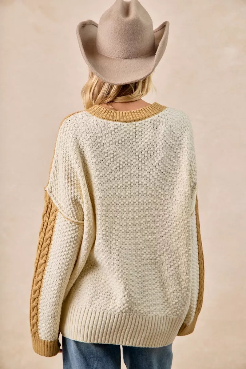 BiBi Cable Knit Hacci Combo Sweater – Stylish Texture with Uneven Hem