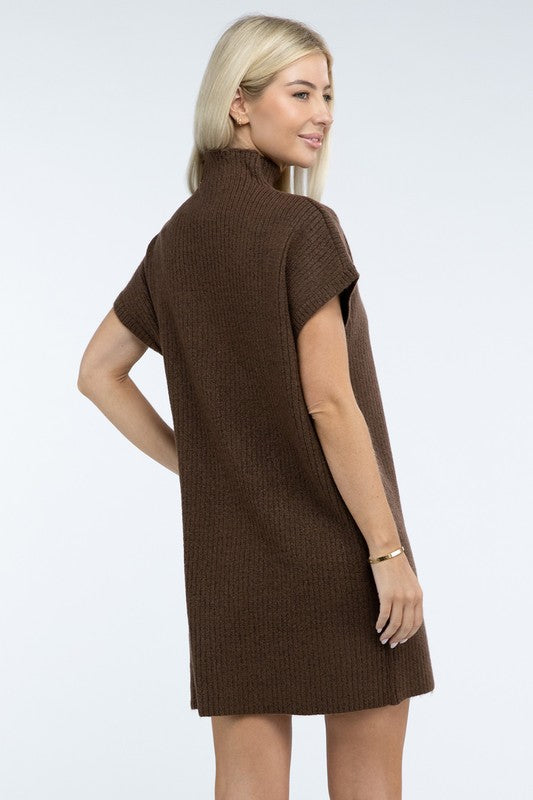 Zenana Mock Neck Short Sleeve Sweater Dress with Pocket