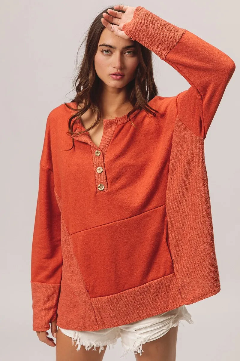 French Terry Henley Top with Side Block Detail & Button Accents