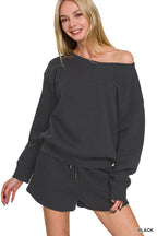 Off-Shoulder Lounge Set with Shorts – Cozy & Chic Casual Outfit