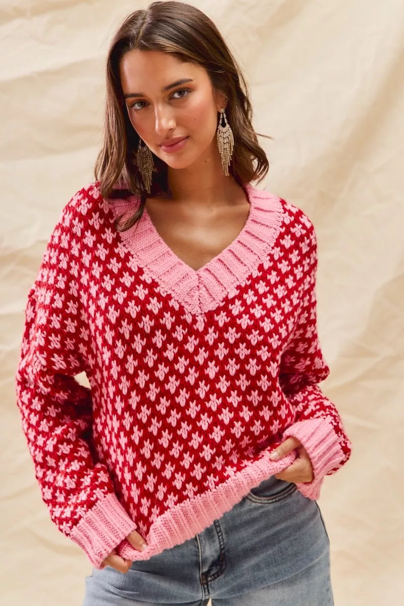 Color Block Textured Christmas Sweater V-Neck