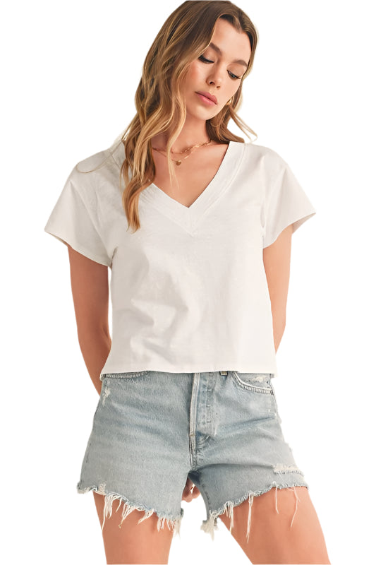 Aemi + Co Side Slit V-Neck Short Sleeve Cropped T-Shirt