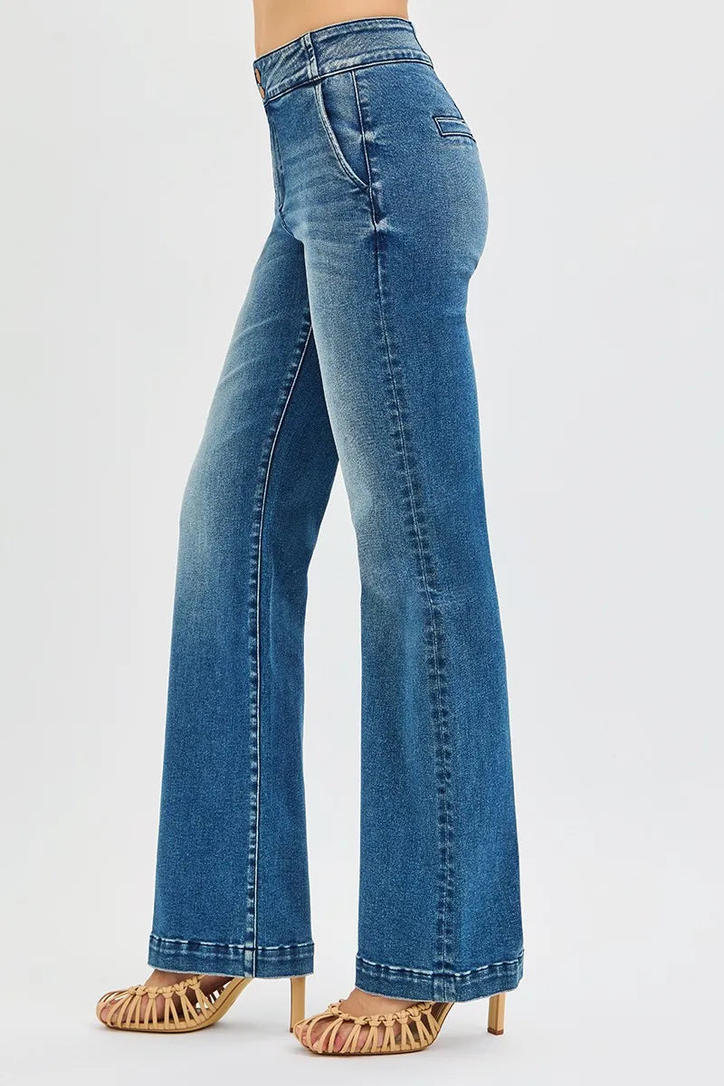 Tummy Control High Rise Bootcut Jeans – Slimming Double Button Fit