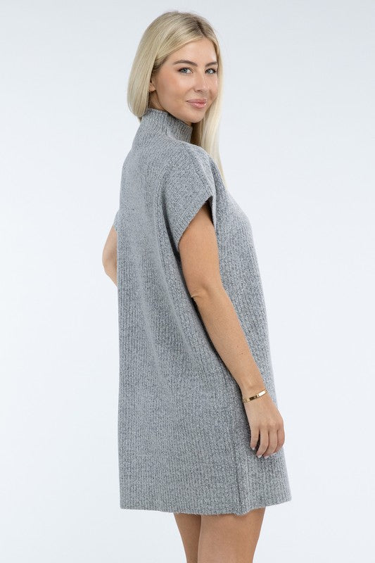 Zenana Mock Neck Short Sleeve Sweater Dress with Pocket