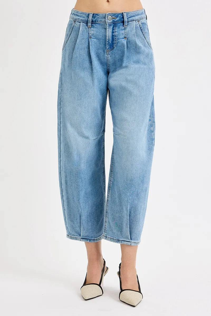Mid Waist Wide Leg Pleated Jeans – Light Blue Vintage Crop Denim