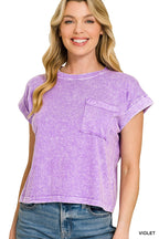 Violet snow-washed cotton cuffed tee with chest pocket and crew neck