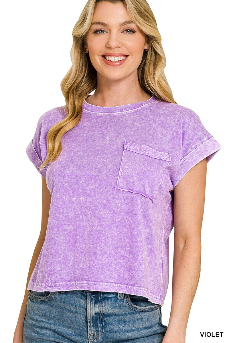 Violet snow-washed cotton cuffed tee with chest pocket and crew neck