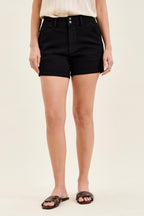 High-waisted black denim trouser shorts with button-front and belt loops
