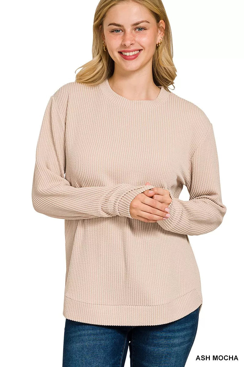Raised Rib Round Neck Long Sleeve Top | Classic Women’s Versatile Shirt