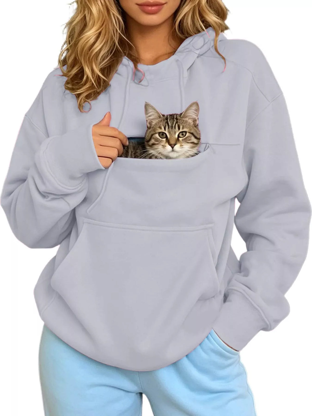 Light blue cat pouch drawstring hoodie with front cat graphic in kangaroo pocket