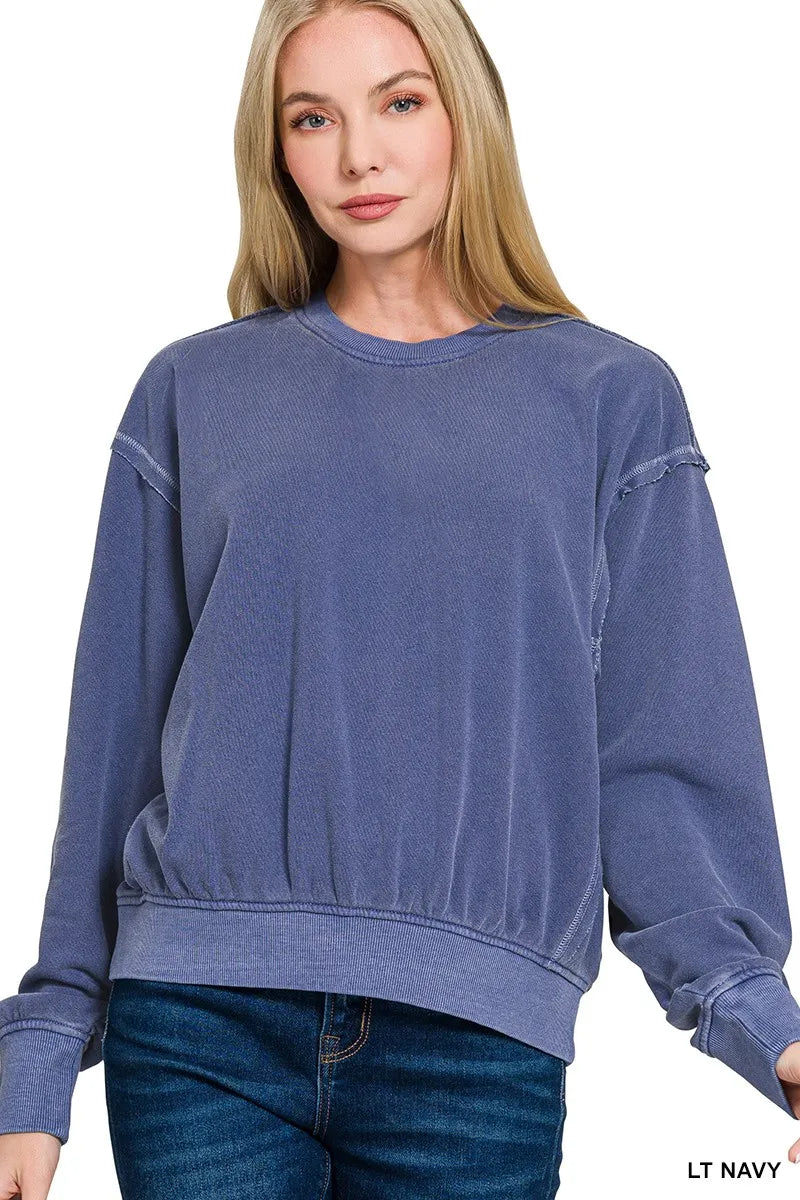 Zenana Soft Fleece Pigment Dye Round Neck Pullover