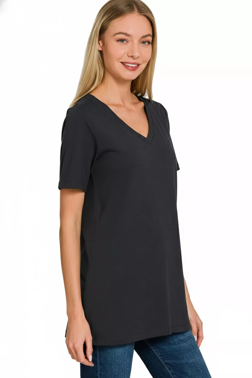 Plus size black V-neck short-sleeve T-shirt, side view