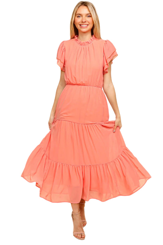 Haptics Tiered Frill Mock Neck Short Sleeve Dress