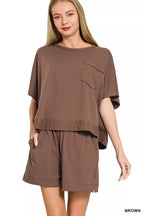 Women’s brown cotton loungewear set: boxy short-sleeve top with chest pocket and shorts