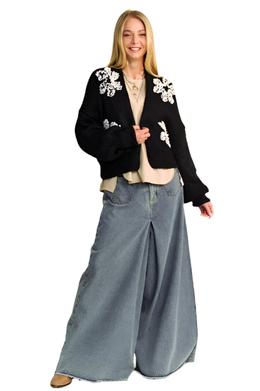 Davi & Dani Floral Applique Open Front Dropped Shoulder Cardigan