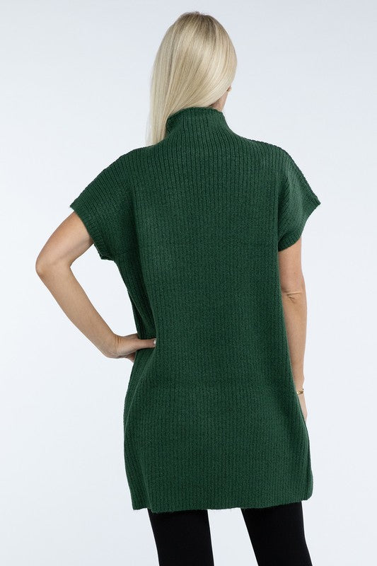 Zenana Mock Neck Short Sleeve Sweater Dress with Pocket