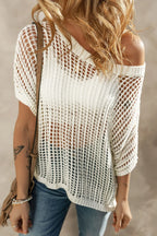 Openwork Round Neck Half Sleeve Knit Cover Up – Chic Beach Layer Style