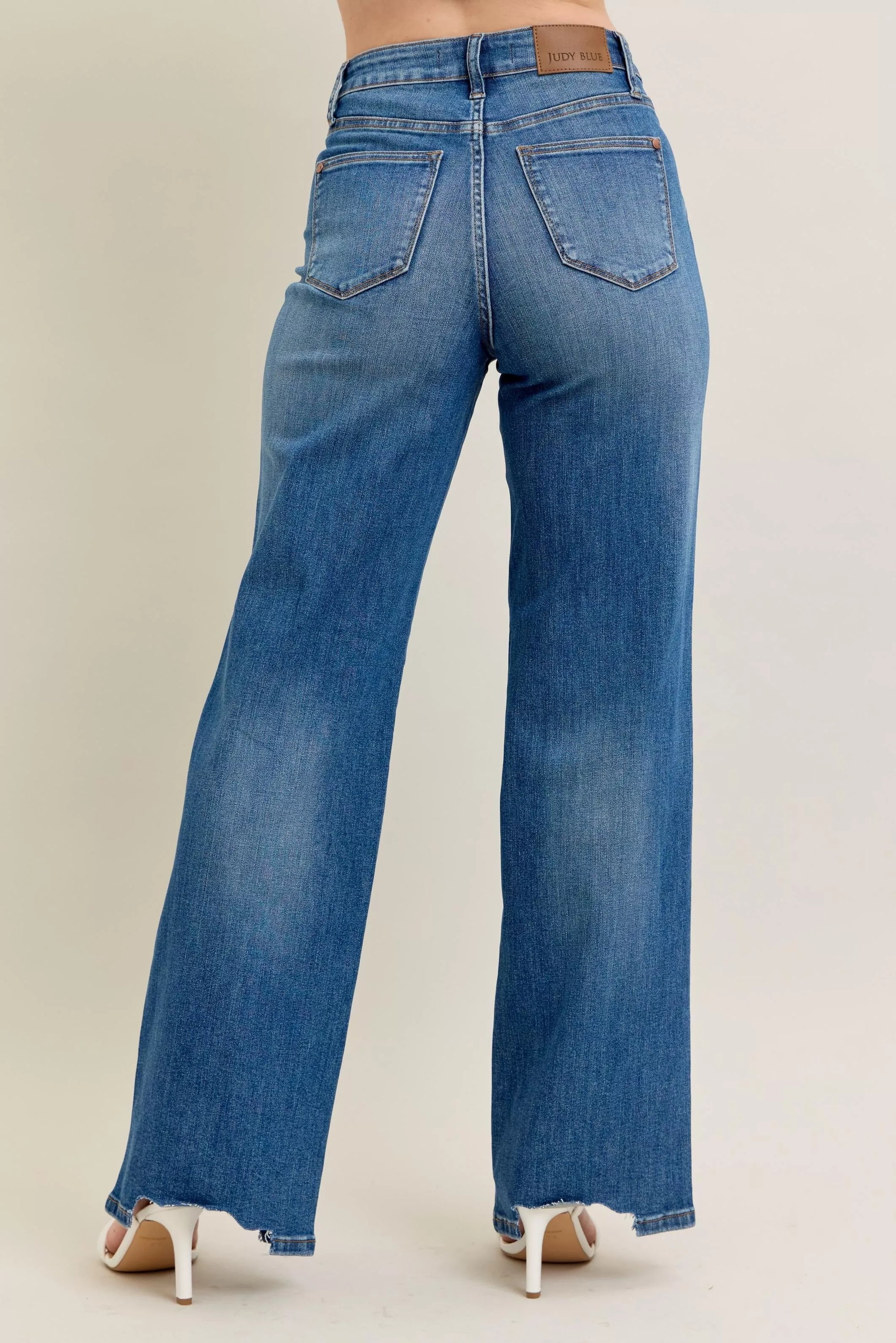 Judy Blue High Waist Tummy Control Wide Jeans – Chew Hem Destroyed