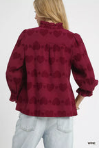 Heart Jacquard Ruffle Trim Shirt | Feminine Women’s Romantic Chic Top
