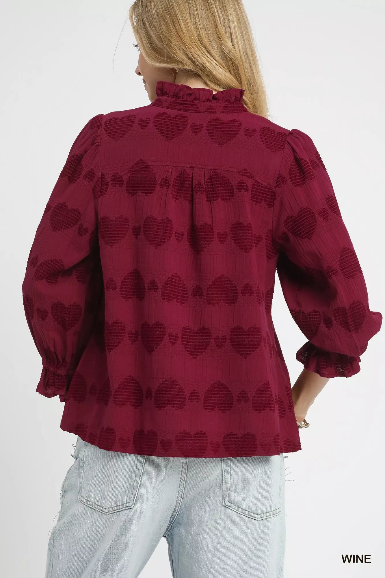 Heart Jacquard Ruffle Trim Shirt | Feminine Women’s Romantic Chic Top
