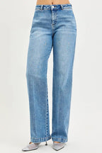 Women's medium-wash straight jeans with relaxed fit, centered front seams