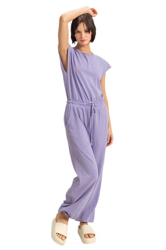 HYFVE Back Keyhole Round Neck Cap Sleeve Drawstring Jumpsuit