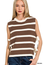 Striped Sleeveless Sweater Vest with Side Ties – Brown & White Knit