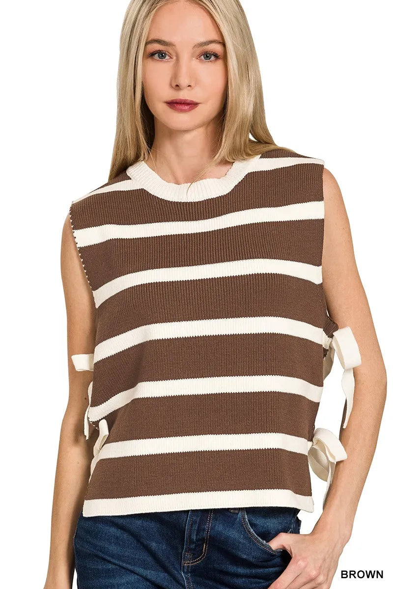 Striped Sleeveless Sweater Vest with Side Ties – Brown & White Knit