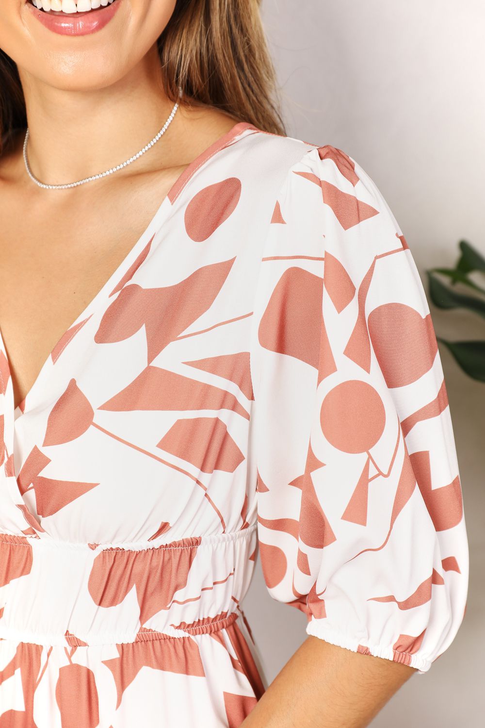 Printed Surplice Midi Dress – Balloon Sleeves & Elegant Flattering Fit