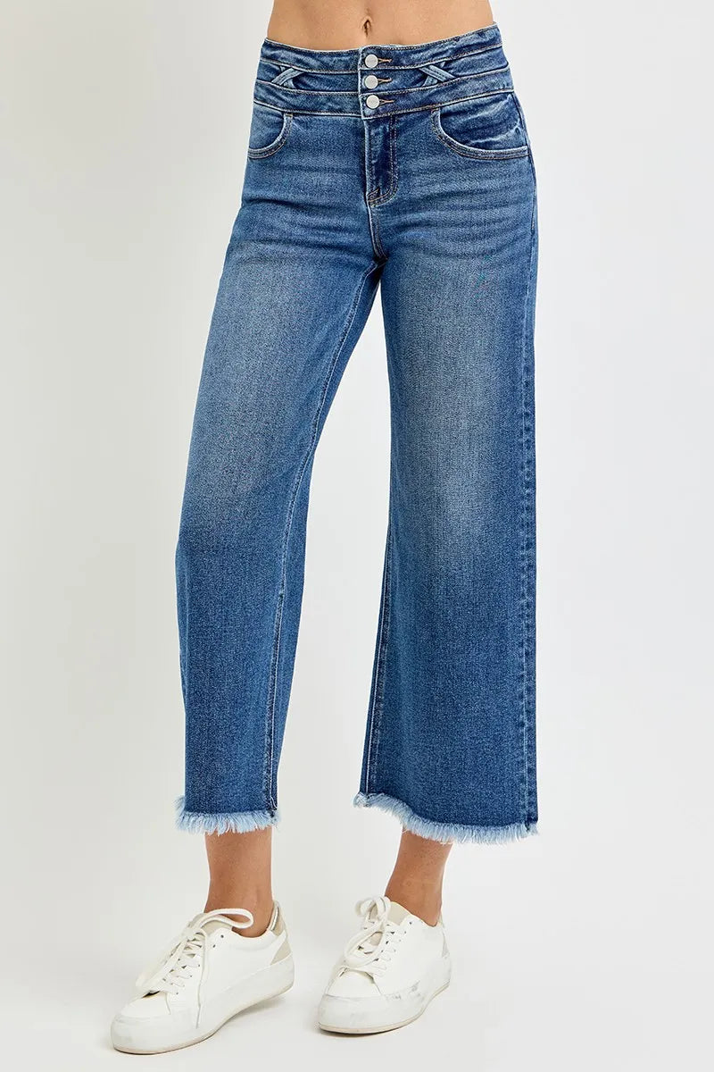 Dreamkue-Risen Women's High Rise Crop Wide Leg Jeans with Wide Waistband Detail Stretch Denim
