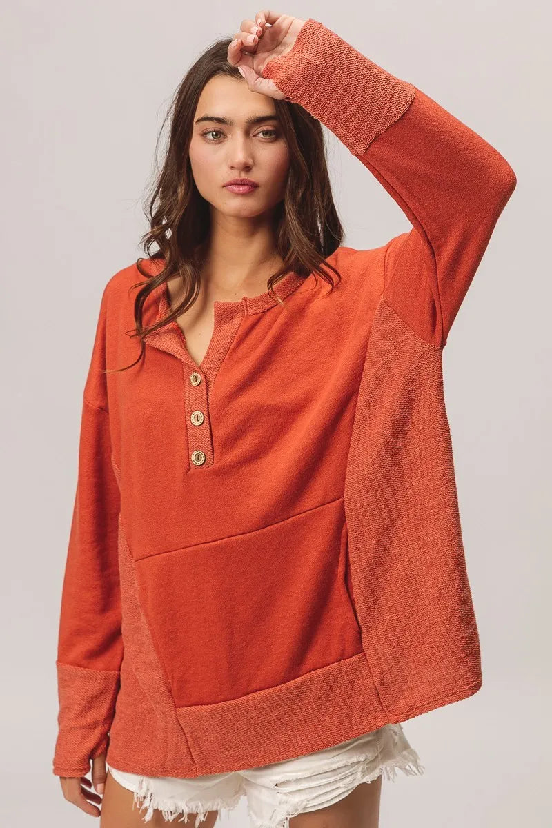 French Terry Henley Top with Side Block Detail & Button Accents