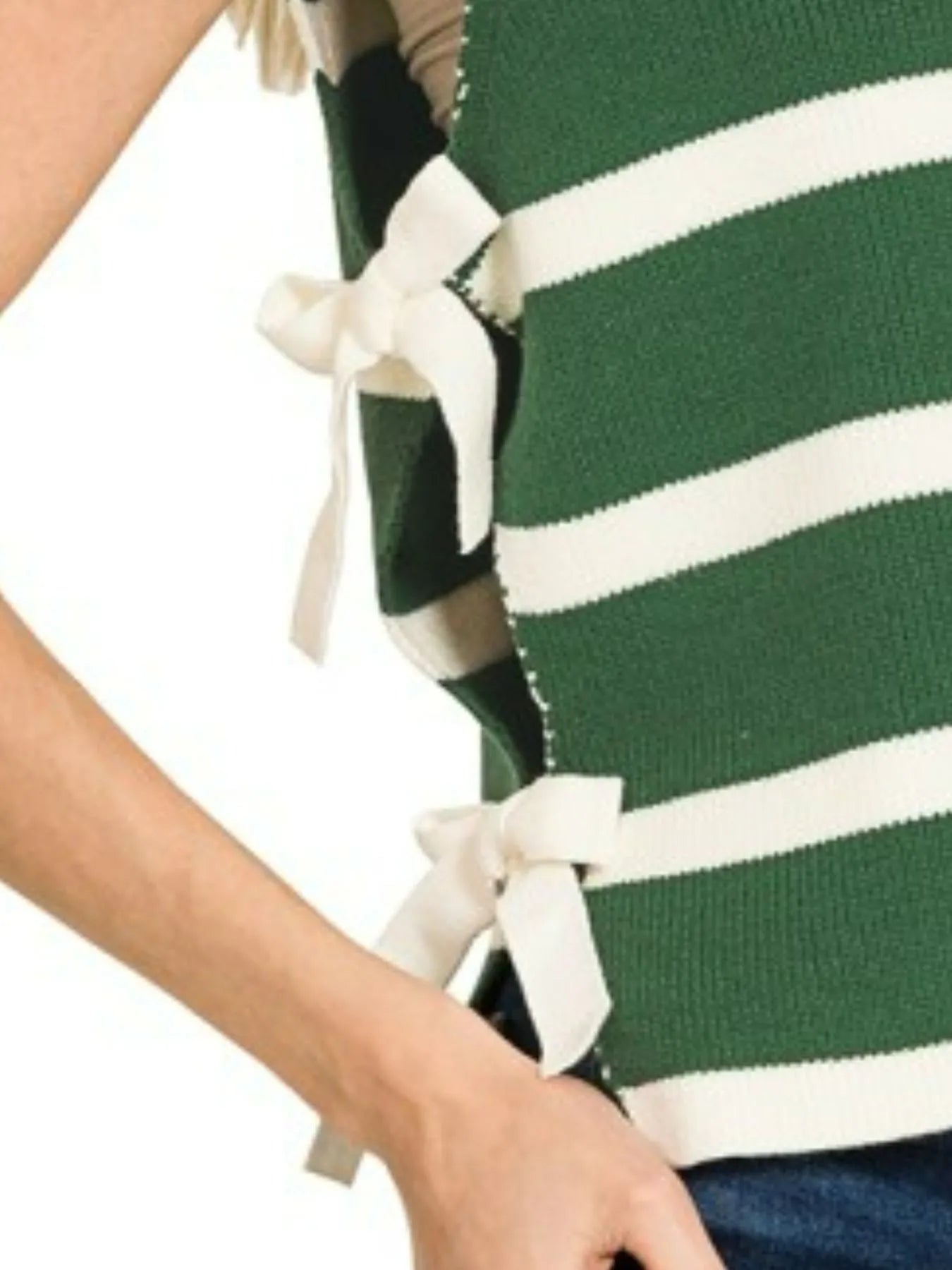 Green & White Striped Sweater Vest – Sleeveless Knit with Side Ties