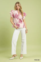 Floral flutter-sleeve blouse with pink mix print and ruffled neckline