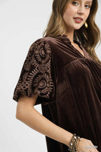 Bohemian Velvet Blouse with Embroidered Sleeves Brown Elegant Top