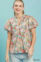 Floral puff-sleeve blouse in coral mix with V-neck and button front