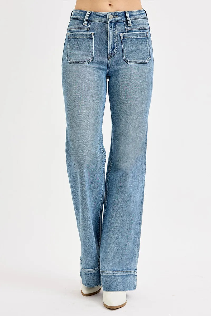 Vintage Flare Jeans – High Waist Patch Pocket Light Wash Denim