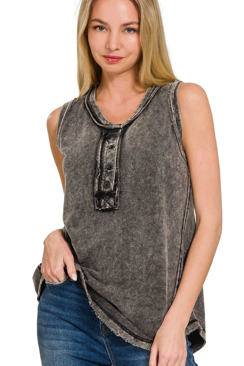 Acid Wash Tank Top – Vintage Look, Button Front & Relaxed Fit