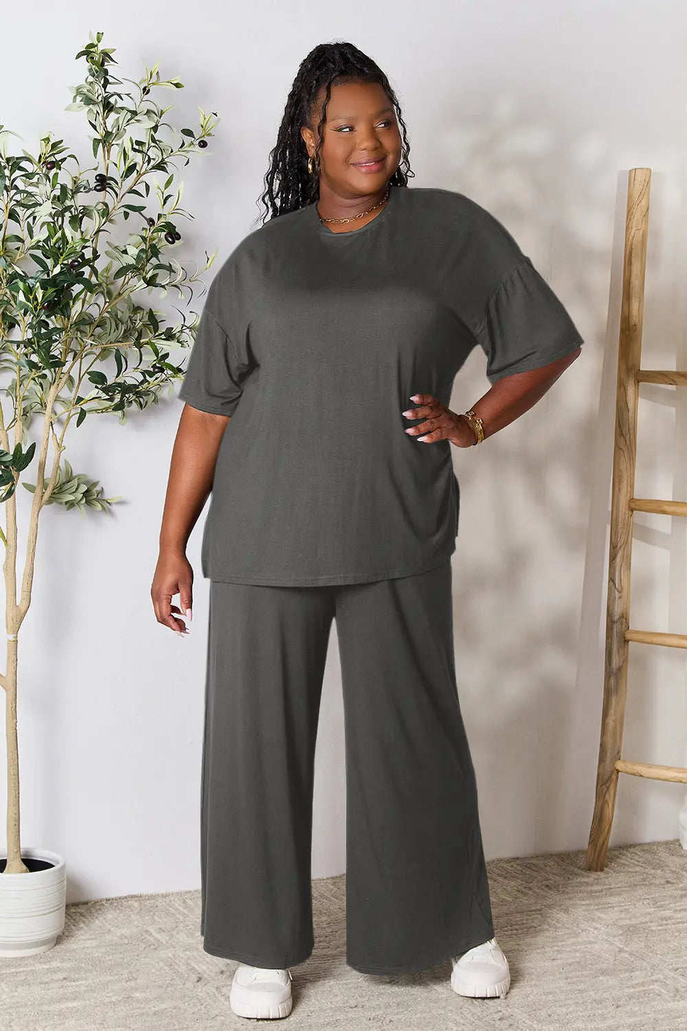 Chic Round Neck Slit Top & Pants Set – Stylish, Comfy & Versatile