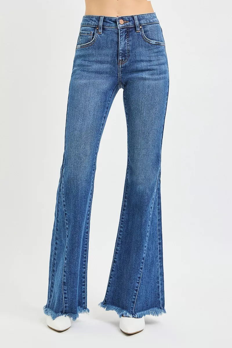 Mid-rise flare jeans for women, blue denim with front fly and frayed flared hem