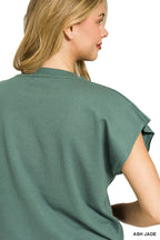 Jade green short-sleeve sweater top, back view with ribbed neckline