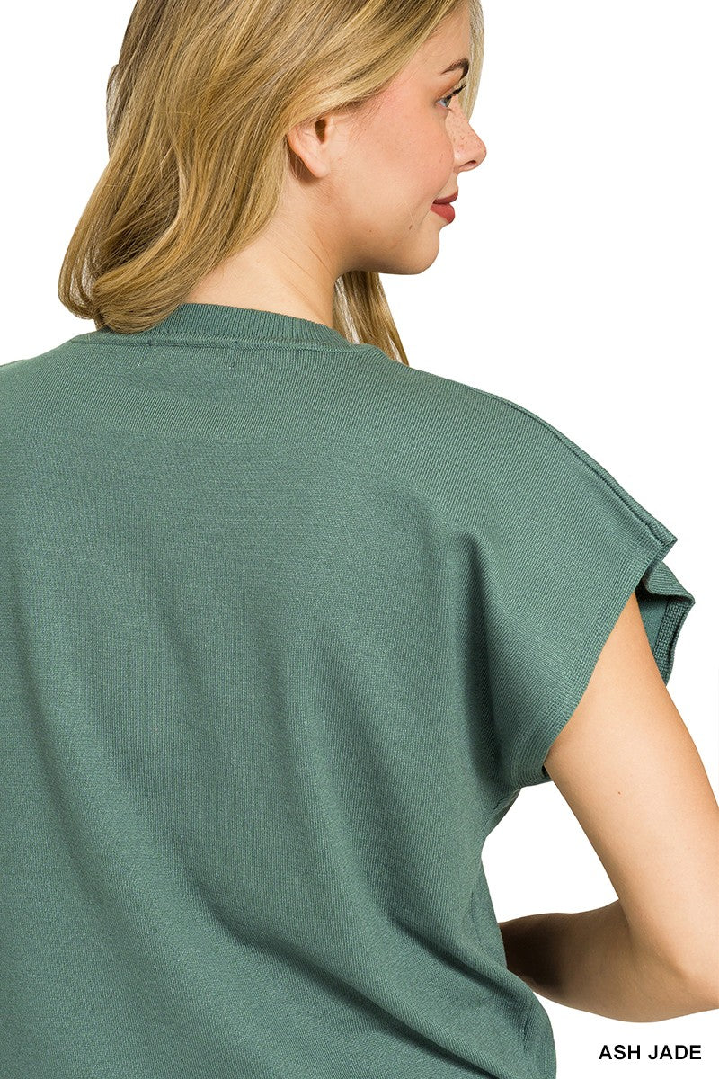 Jade green short-sleeve sweater top, back view with ribbed neckline